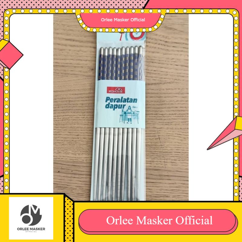 Sumpit stainless (isi 10pcs/5set) merk RED HOUSE , sumpit kekinian MOTIF Sumpit Chopstick chopsticks Cina Sujeo/ sumpit stainless / sumpit besi/ sumpit kekinian