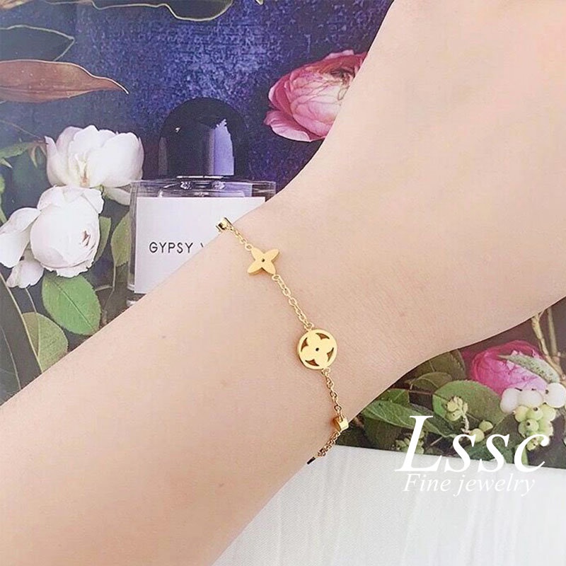 Gelang Titanium Wanita Anti Karat Bunga Berlian Emas 18K Cantik Aesthetic Korea Aksesoris Perhiasan