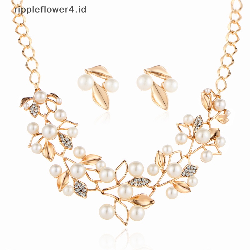 {rippleflower4.id} Set Perhiasan Elegan Berlian Imitasi Mutiara Kalung Anting Wanita Pengantin Pernikahan Perhiasan Hadiah~