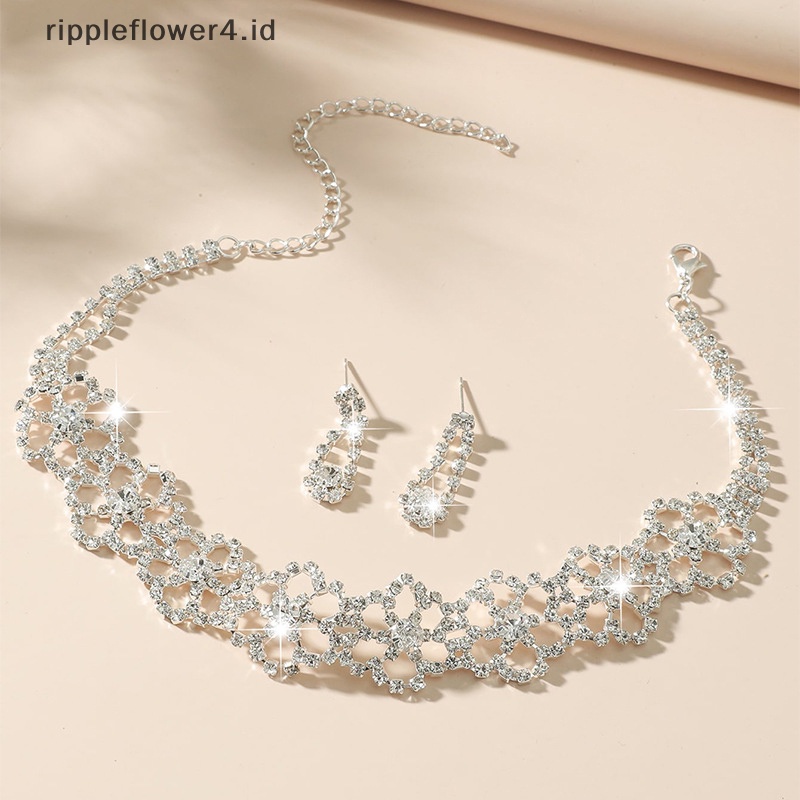 {rippleflower4.id} Set Perhiasan Pengantin Kristal Fashion Berlian Imitasi Berlapis Perak Kalung Anting Set~