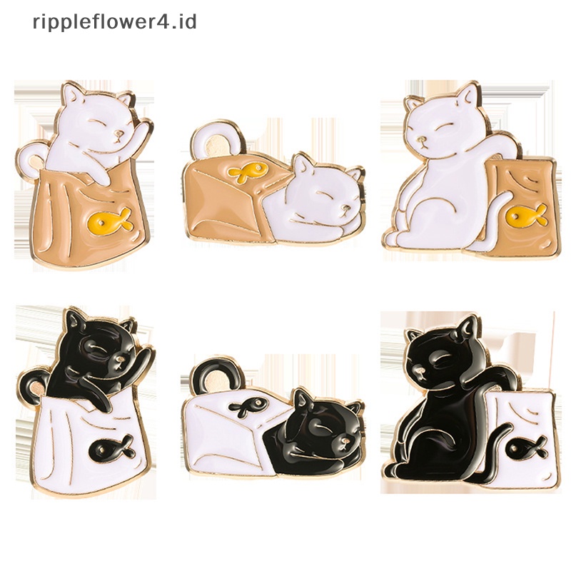 {rippleflower4.id} Pin Enamel Kucing Lucu Hitam Putih Kitten Badge Bros Wanita Ransel Pesta Perhiasan Aksesori Hadiah~