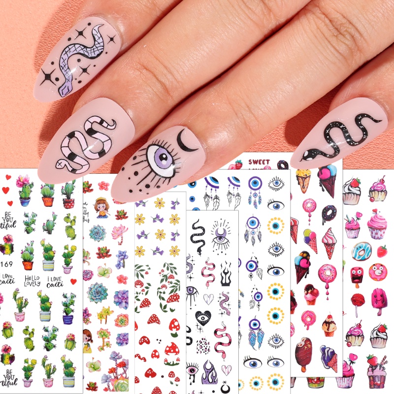 Ins Musim Semi Musim Panas Kaktus Serangga Peningkatan Kuku Stiker/Kartun Cream Donat Kembali Perekat Stiker Kuku/DIY Nail Art Self-Adhesive Patch/Salon Kuku Profesional Decals