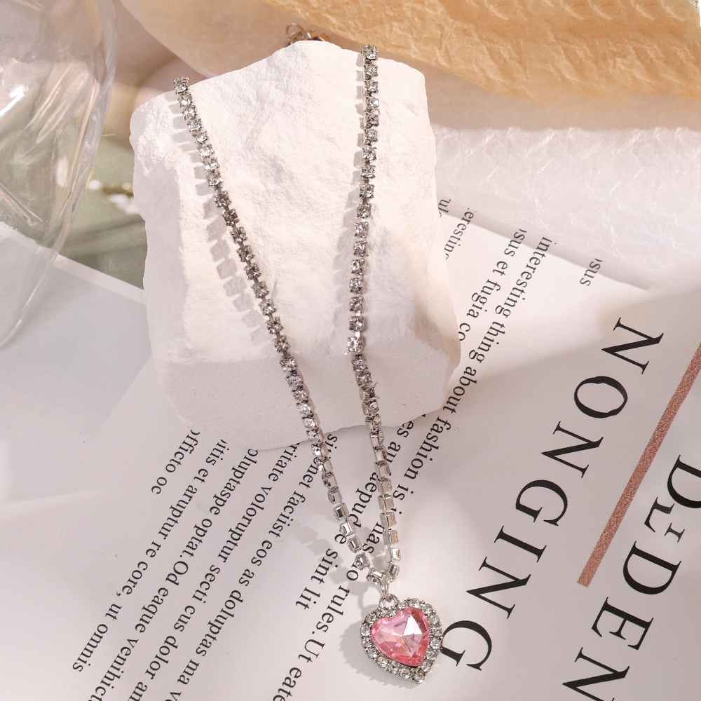 Pink Glitter Berlian Imitasi Bentuk Hati Liontin Kalung/ Manis Keren Berlian Cinta Kalung/ Temperamen Pasangan Perhiasan Hadiah