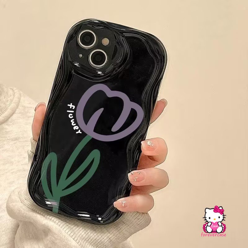 Fashion Bunga Tulip Case Untuk Realme C53 C55 C31 C33 C30 C21Y C17 C25s C25Y C15 C35 C3 C25 C12 C11 C20 C21 7i 6i 5 9i 5i 5s 3D Wavy Curved Edge Black Retro Lucky Flower Soft Cover