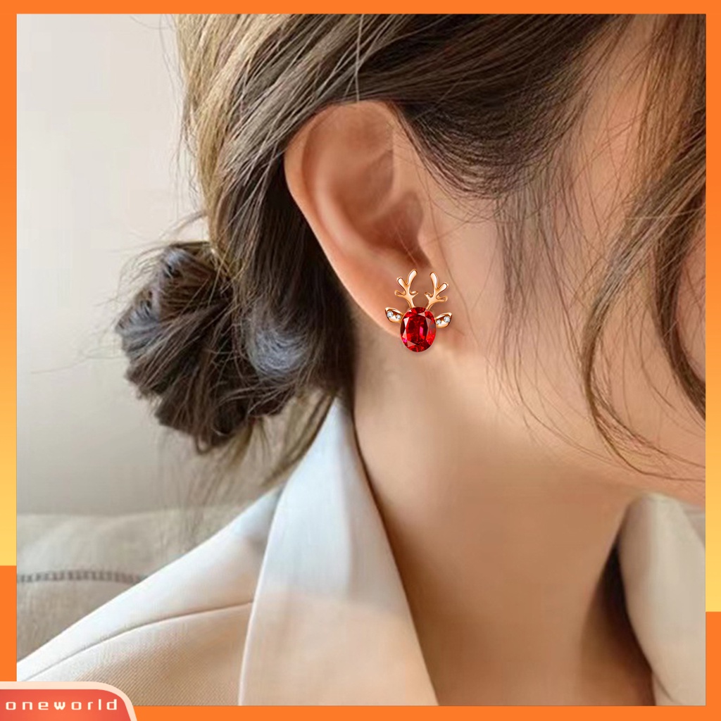 [WOD] 2pcs Natal Telinga Studs Boho Faux Gemstone Shiny Rhinestone Hias Festival Hadiah Xmas Tanduk Stud Anting Wanita Pesta Perhiasan Untuk Tahun Baru