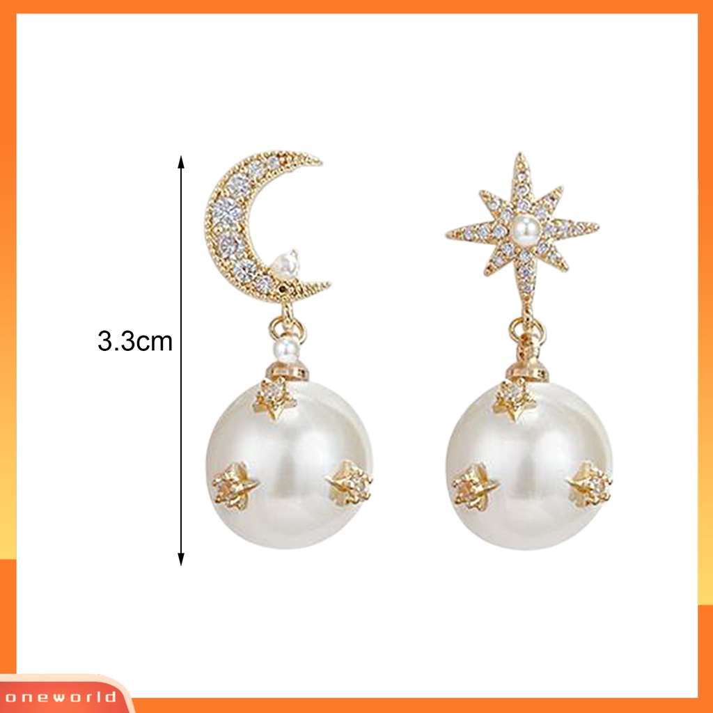 [WOD] 1pasang Anting Menjuntai Shiny Asymmetric Ear Decoration Gaya Korea Anting Temperamen Mutiara Imitasi Bintang Dan Bulan Untuk Pacaran