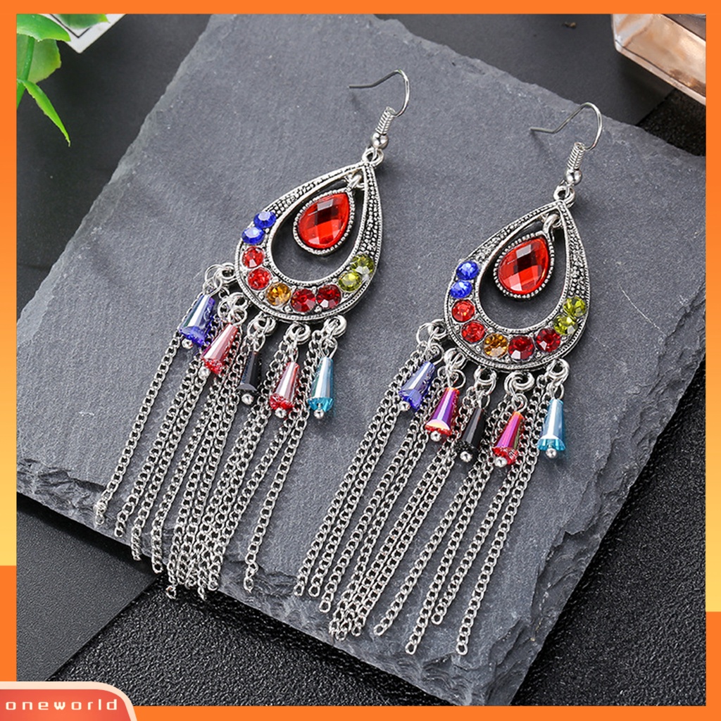 [WOD] 1pasang Anting Lady Bentuk Tetesan Air Rumbai Berlian Imitasi Vintage Drop Earrings Untuk Pakaian Sehari-Hari