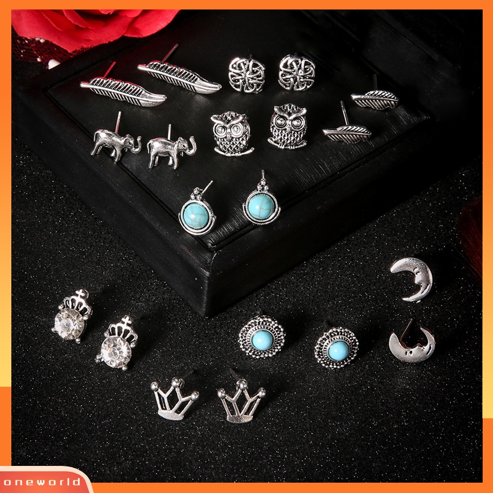 [WOD] 10pasang Wanita Berlian Imitasi Mahkota Gajah Burung Hantu Daun Telinga Studs Earrings Jewelry