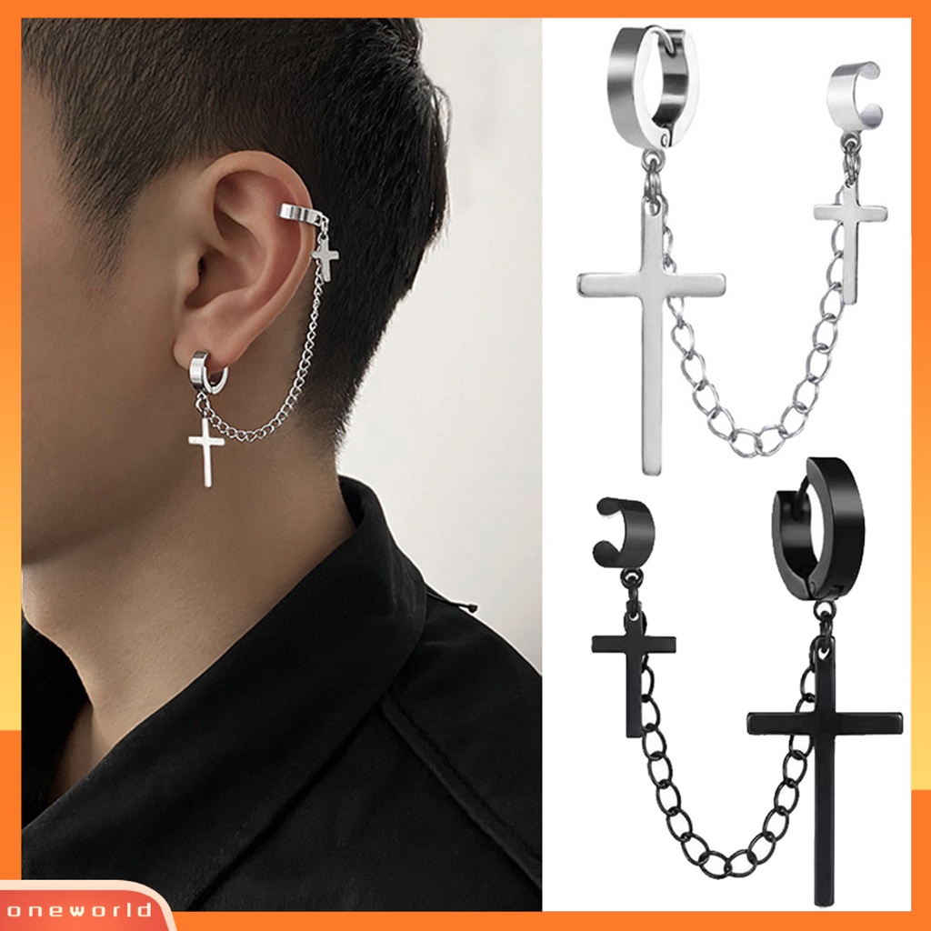 [WOD] 1 Pc Punk Anting Indah Telinga Dekorasi Vintage Rantai Keren Perhiasan Pria Salib Manset Anting-Anting Perhiasan Fashion