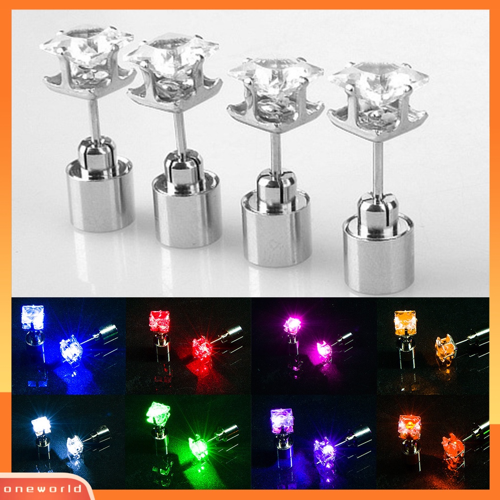 [WOD] 1pc Anting Tusuk Wanita Cubic Zirconia LED Female Square Luminous Stud Earrings Untuk Pesta