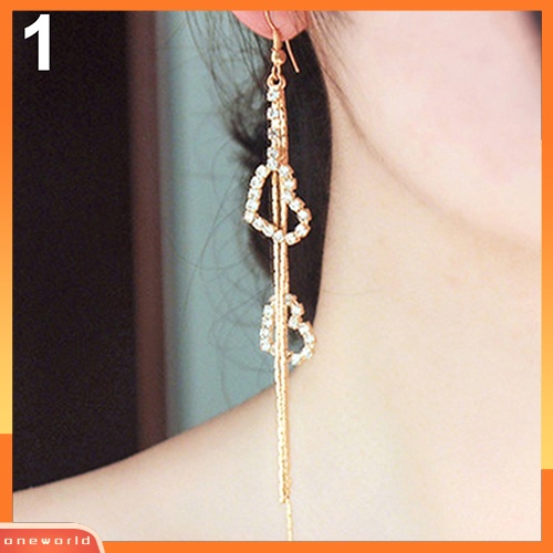 [WOD] Wanita Hati Ganda Rumbai Panjang Berlian Imitasi Linear Hook Menjuntai Duster Earrings