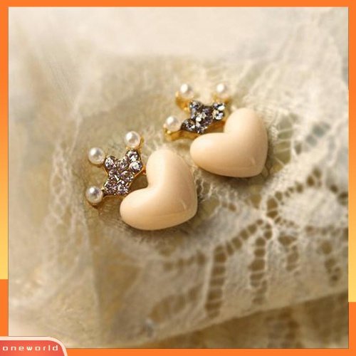 [WOD] 1pasang Fashion Wanita Manis Mutiara Imitasi Berlian Imitasi Mahkota Hati Studs Earrings