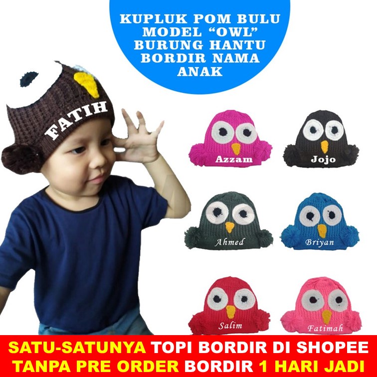 Kupluk Rajut Anak Pom Karakter OWL Burung Hantu Bordir Nama Anak