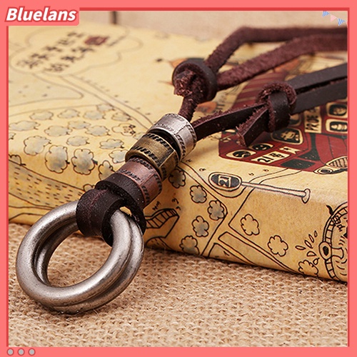 [BLS] Fashion Pria Retro Faux Leather Cord Double Circle Cincin Liontin Kalung Hadiah