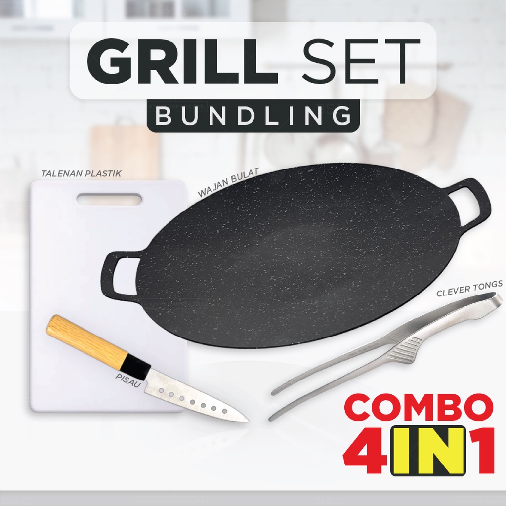 COMBO 4IN1 GRILL SET Bundling Wajan Bulat Grill 34CM Anti Lengket Jepitan Stainless Talenan Pisau Dapur Bundling Hemat