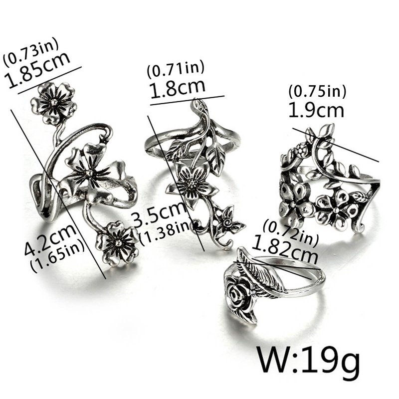 4pcs /Set Antik Perak Bohemia Hollow Bunga Pembukaan Cincin Set Untuk Wanita Floral Knuckle Ring Perhiasan Aksesoris