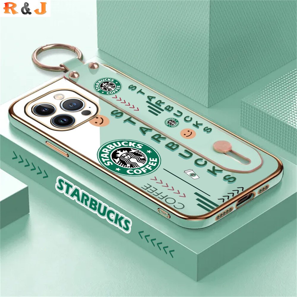 IPHONE Casing Mewah Kompatibel Untuk Iphone14 Pro Max Iphone14Plus iPhone13 iPhone12 iPhone11 Xs Starbucks Stand Holder Lipat Plating Fashion Karet Soft Cover