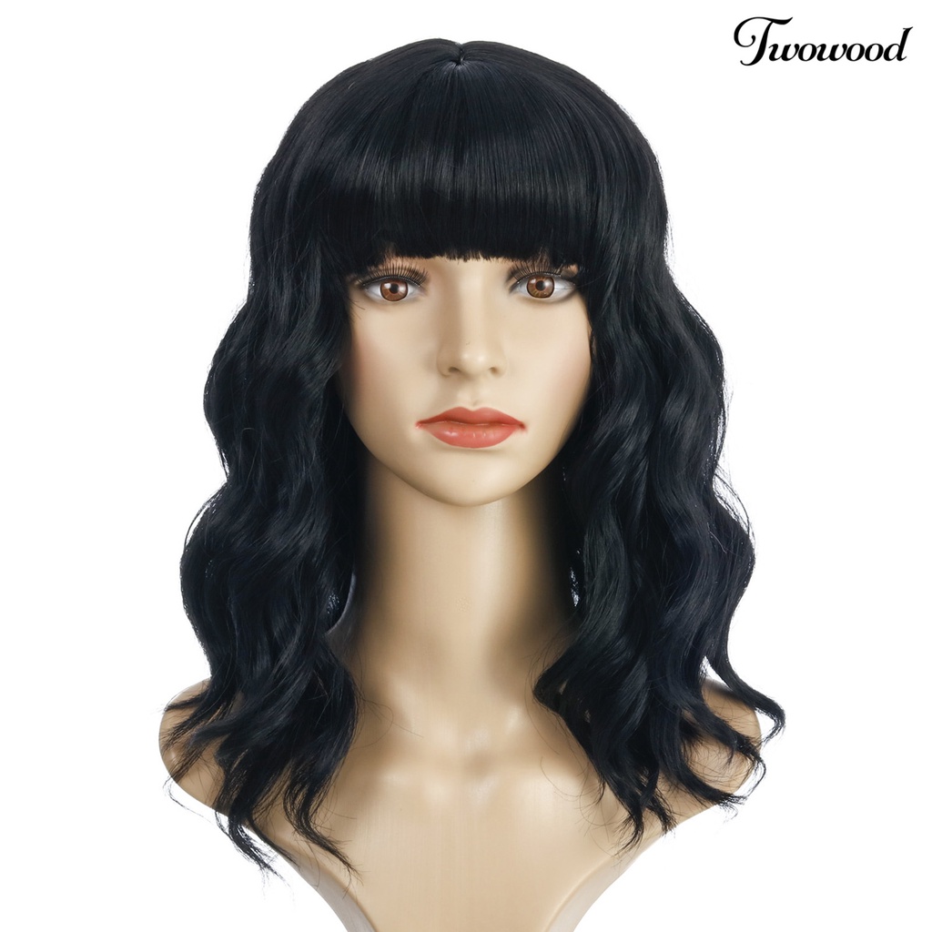 Twowood Wanita Wavy Mid Long Curly Wig Air Bangs Bermain Peran Kostum Pesta Sopak