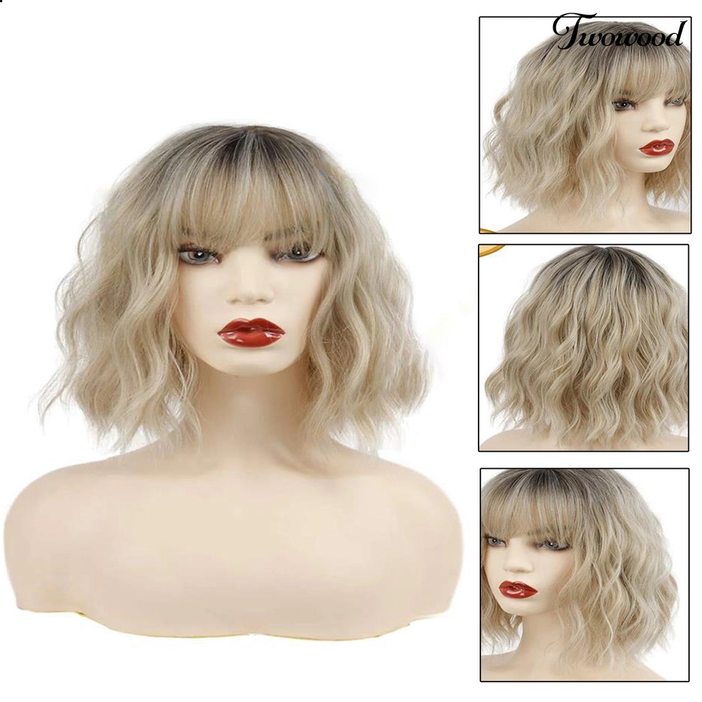 Twowood Water Ripple Wig Fashion Lembut Berbulu Mudah Dipakai Tahan Panas Alat Kosmetik Suhu Tinggi Silk Air Bangs Curly Wig Rambut Pendek Untuk Kehidupan Sehari-Hari