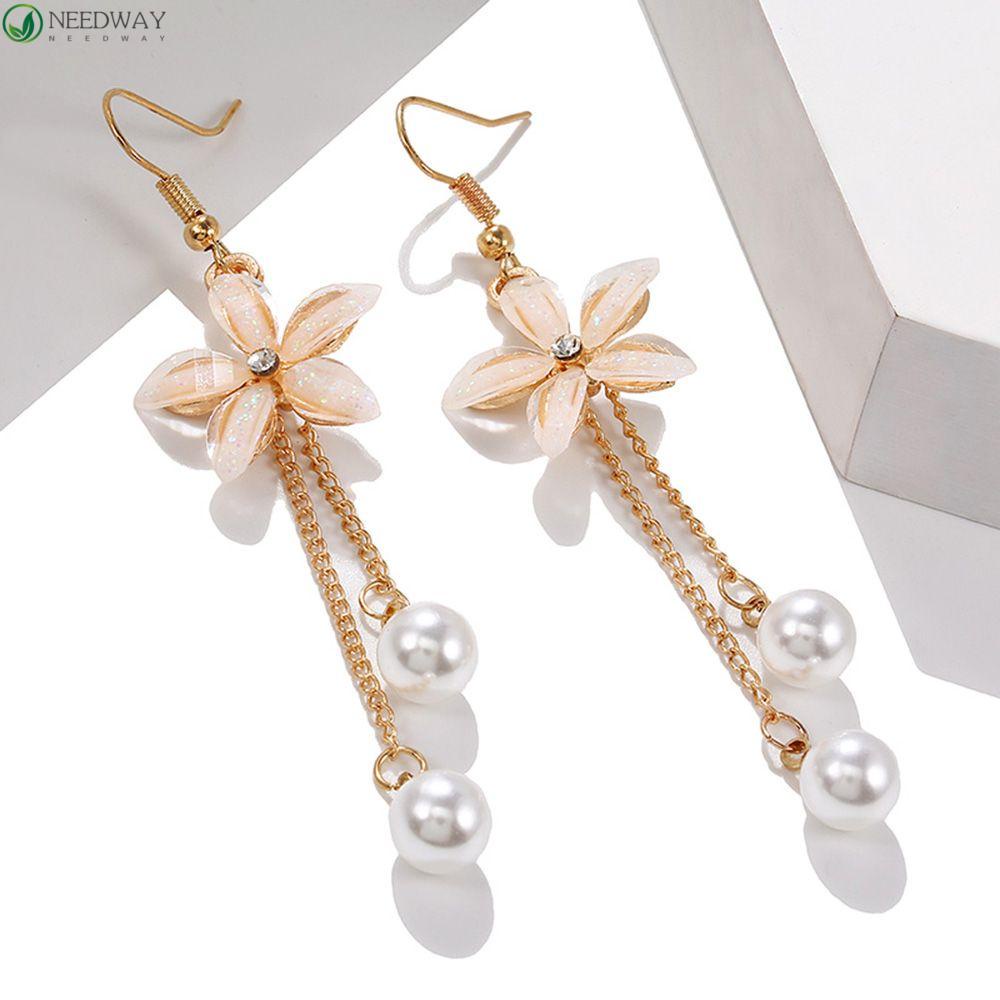 Needway Kait Anting Logam Aksesoris Sederhana Rumbai Simulasi Mutiara Lima Daun Drop Earrings