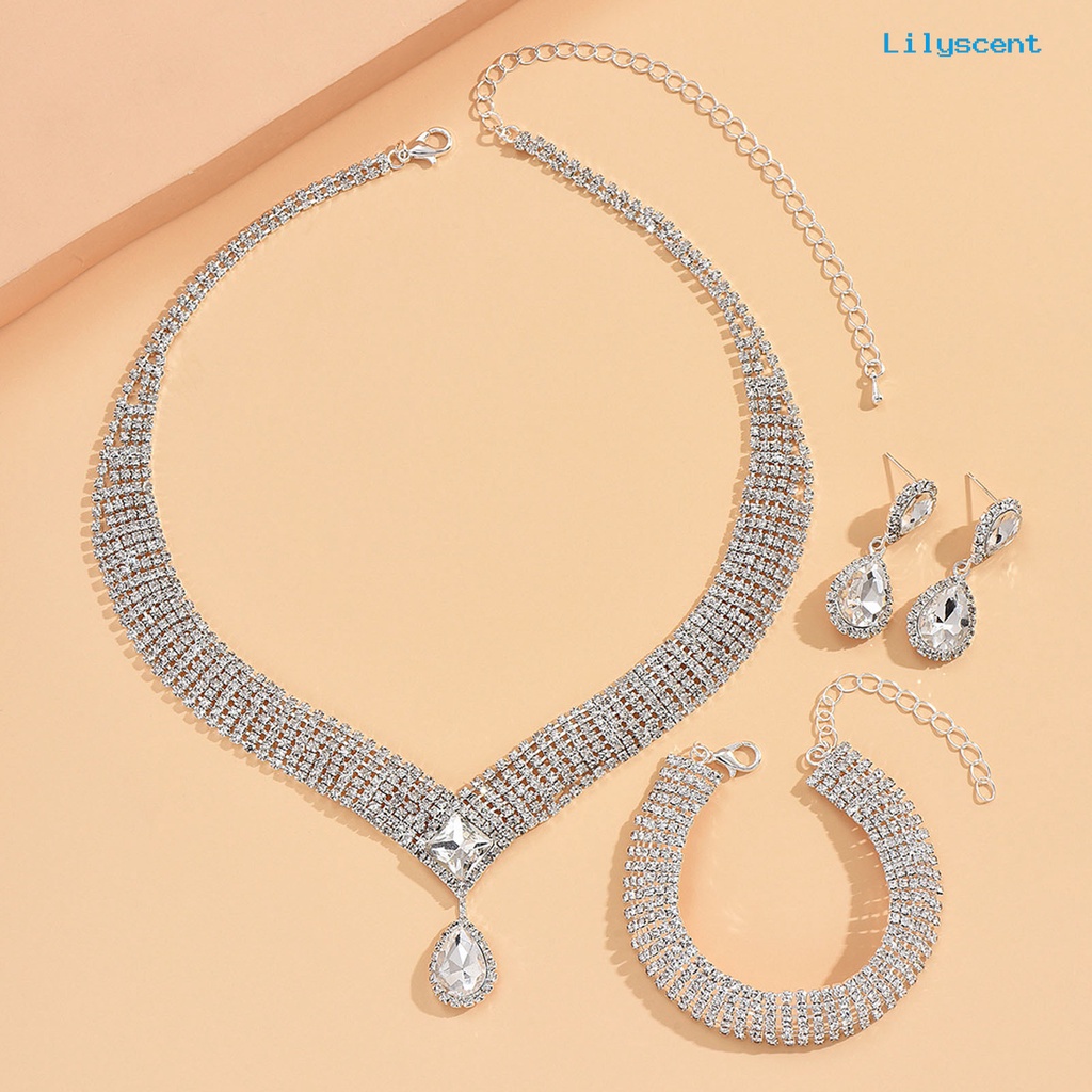 [LS]4Pcs/Set Wanita Kalung Set High Gloss Dress Up Hypoallergenic Berlian Imitasi Bersinar Terang Kilau Set Perhiasan Aksesori