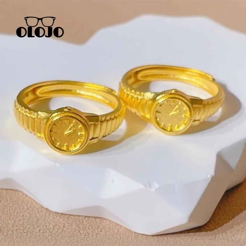 [Olojo Jam Tangan Emas Kecil Pembukaan Jam Cincin Pria Wanita Kreatif Cincin Gaya Punk Adjustable Ring