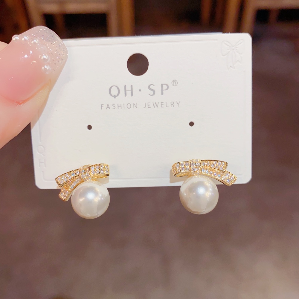 Fashion Perak Pin Anting, Mutiara Kecil Minimalis Komuter Wanita Desain Rasa Dasi Kupu-Kupu Busur Busur Stud Earrings