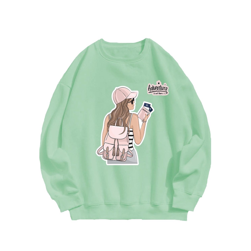 Sweater wanita Adventure Girl crewneck fleece oblong  sablon basic  oversize  tangan  panjang