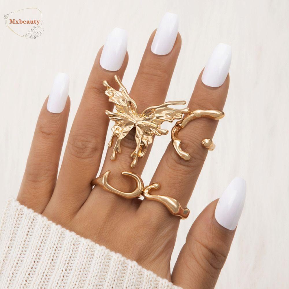 Mxbeauty Liquid Butterfly Rings Hadiah Ulang Tahun 4 Pcs/set Punk Senior Rasa Gothic Perhiasan Kepribadian Gelombang Tidak Teratur Rings