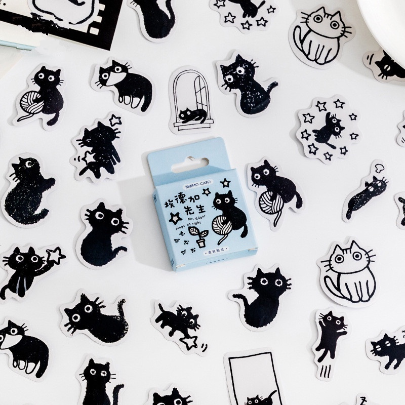 45pcs Stiker Tema Kucing Hitam/Kawaii Cute Cats Stickers Self-adhesive Scrapbooking Stickers/Box Set DIY Diary Album Stick Note Lable/Decals Hias Untuk Anak