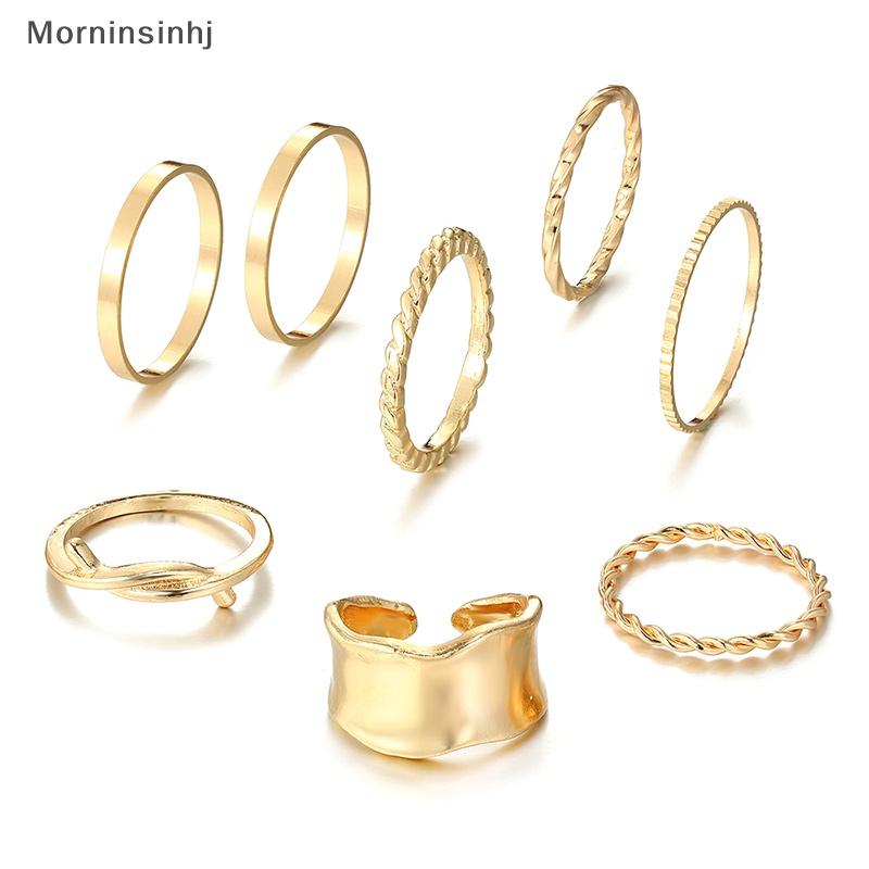 Mornin 8Pcs /Set Punk Metal Geometric Ring Set Untuk Wanita Vintage Minimalis Metal Wide Knuckle Ring Finger Perhiasan Hadiah id