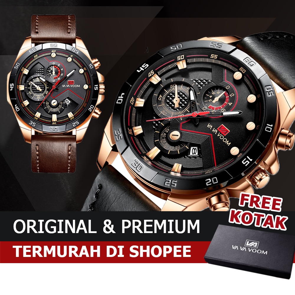 PROMO!!! Jam Tangan Tali Kulit Pria Sporty Impor VAVA VOOM VA-2162 Original Fashion Business Auto Date