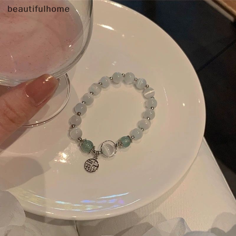 {beautifulhome} Ins Style Imitasi Opal Gelang Vintage Abu-Abu Moonston Gelang Karakter Cina Buatan Tangan Gelang Jimat Perhiasan Aksesoris Hadiah Ulang Tahun.