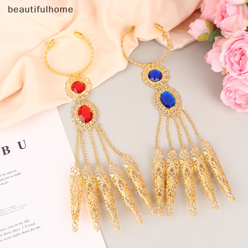 {beautifulhome} Gelang Vintage Untuk Wanita Merah Biru Kristal Gelang Perhiasan Kuku Palsu Panjang.