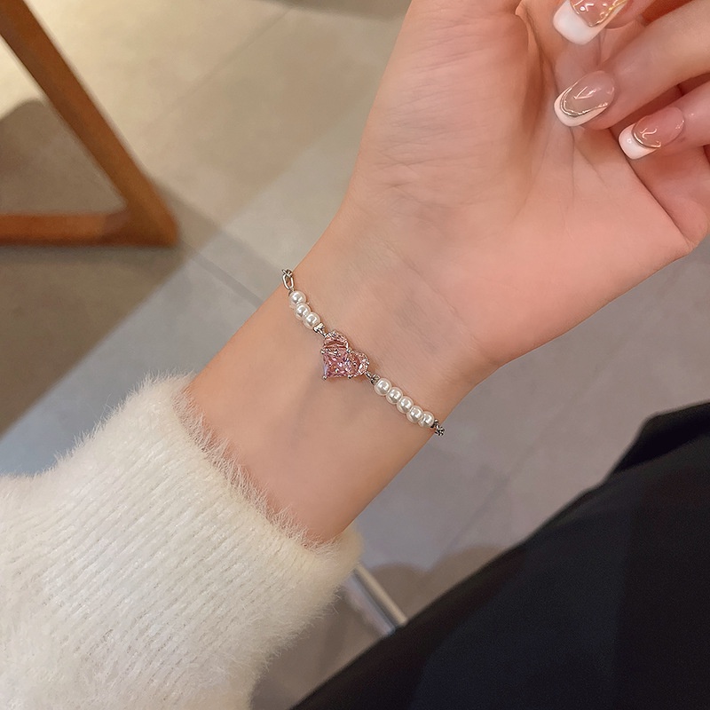 Gelang Kristal Hati Pink Lucu Y2K Mutiara Liontin Gelang Untuk Wanita Fashion Perhiasan Aksesoris