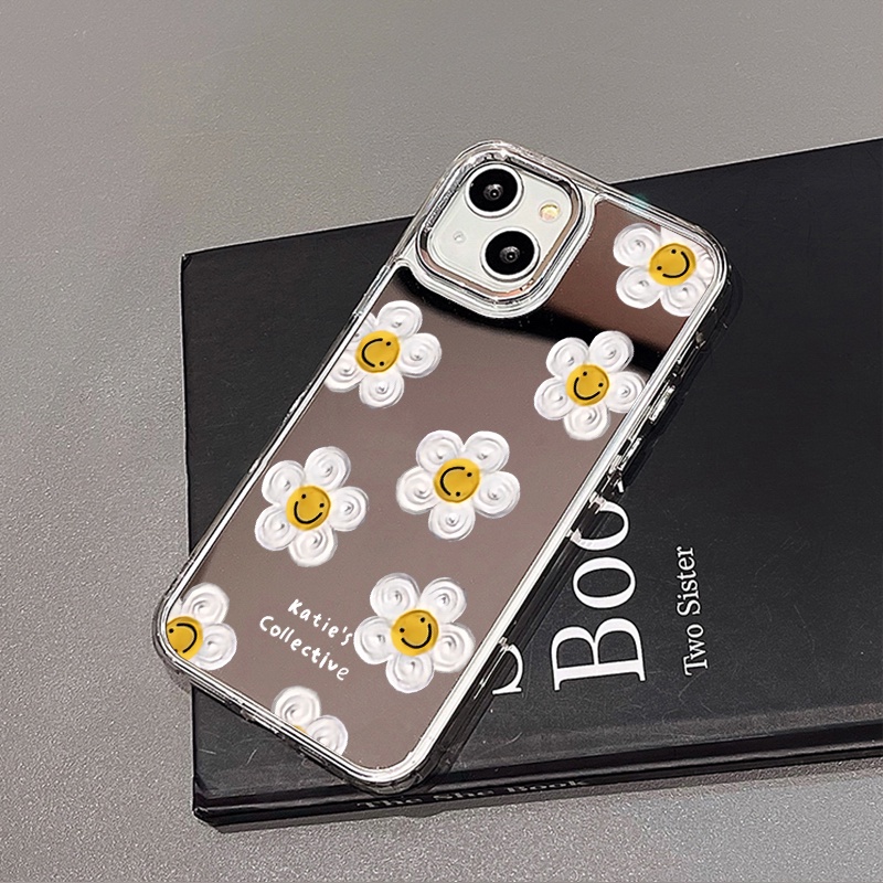 IPHONE Tulis Emoji Flower Mirror Phone Case Kompatibel Untuk Iphone11 12 13 14 12Pro 13Pro 14Pro Pro Max XR X XS Max Electroplating Tombol Perlindungan Mirror Cover