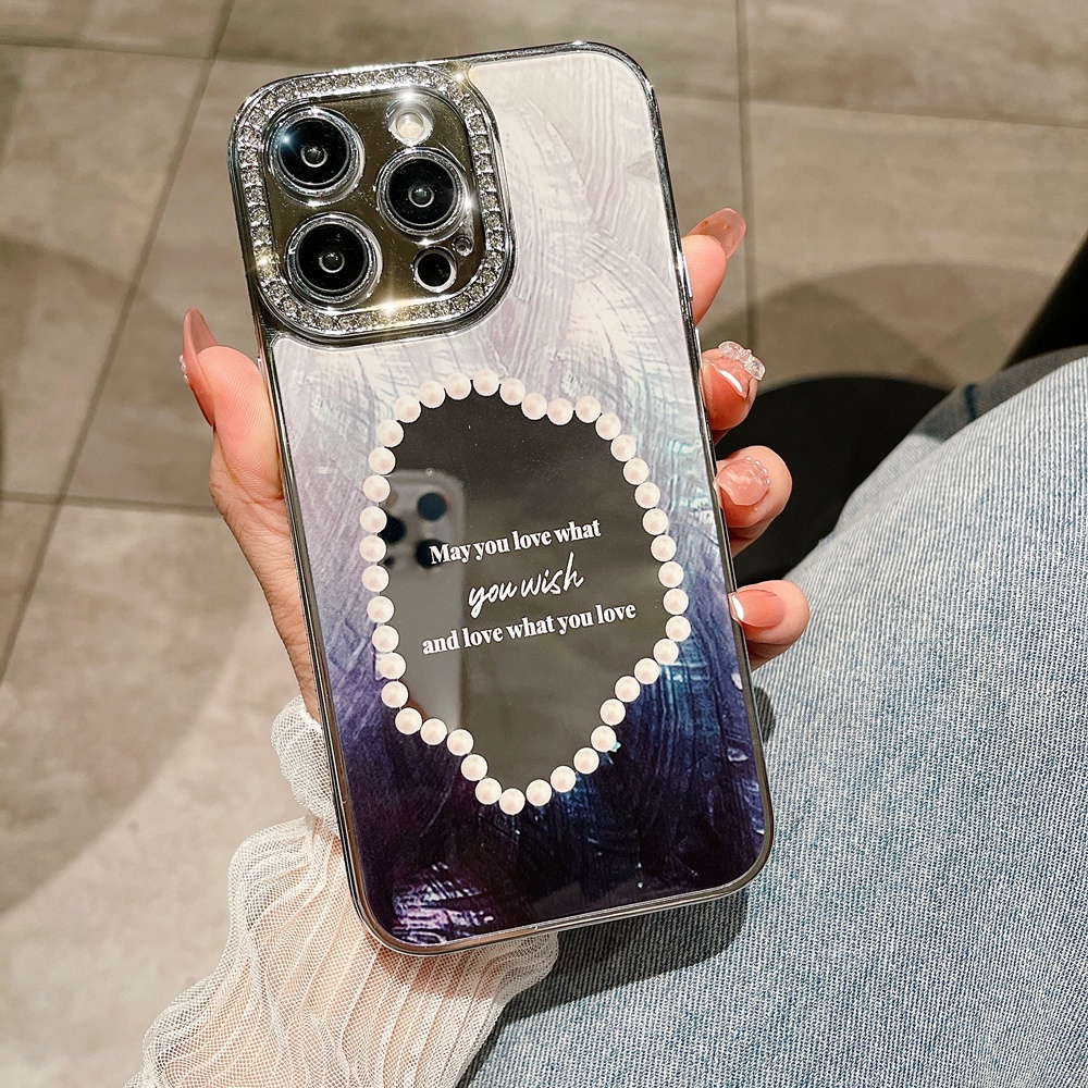 IPHONE Gadis Berlian Berkilau Perhiasan Make Up Cermin Ponsel Case Untuk Iphone13 14 Pro Max14 Plus Mewah Plating Dream Shell Bumper Cove