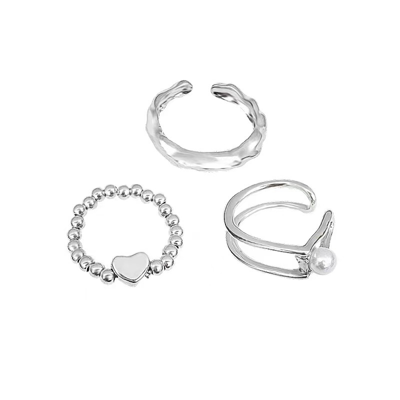 Ay(cn) 3Pcs /Set Mutiara Hati Manik Cincin Set Perak Tidak Teratur Pembukaan Yang Dapat Disesuaikan Rings Untuk Wanita Perhiasan Aksesoris