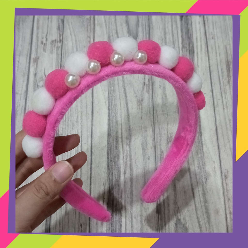 5096 / Paket usaha bando bulu bulu pompom mutiara / Bandana head band