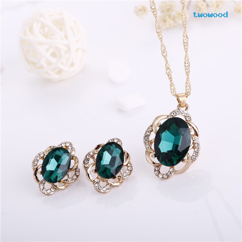 Twowood Kristal Belah Ketupat Kalung Anting Set Kombinasi Anting Liontin Perhiasan Set