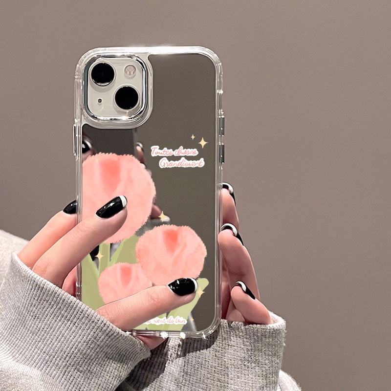 IPHONE Casing Ponsel Cermin Bunga Graffiti Pink Kompatibel Untuk Iphone11 12 13 14 12Pro 13Pro 14Pro Pro Max XR X XS Max Electroplating Tombol Perlindungan Mirror Cover