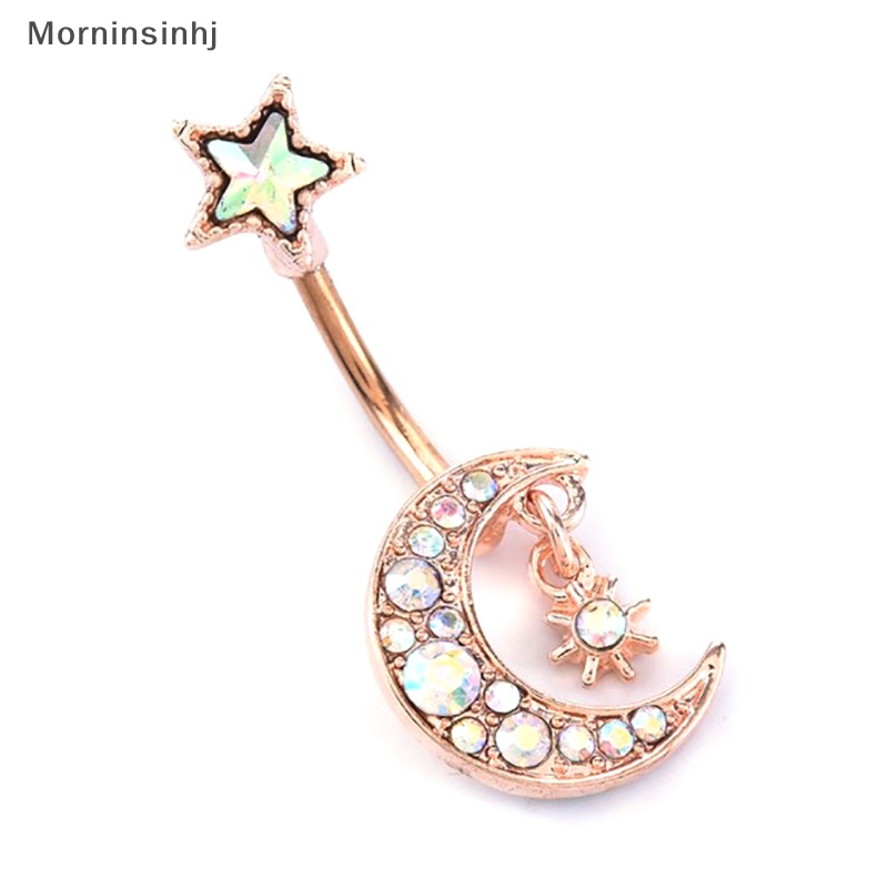 Mornin Starbeauty 14G Drop Bintang Bulan Pusar Bar Menjuntai Anting-Anting Hujan Kristal Pusar Cincin Wanita Pesta Pantai Telinga Perhiasan id