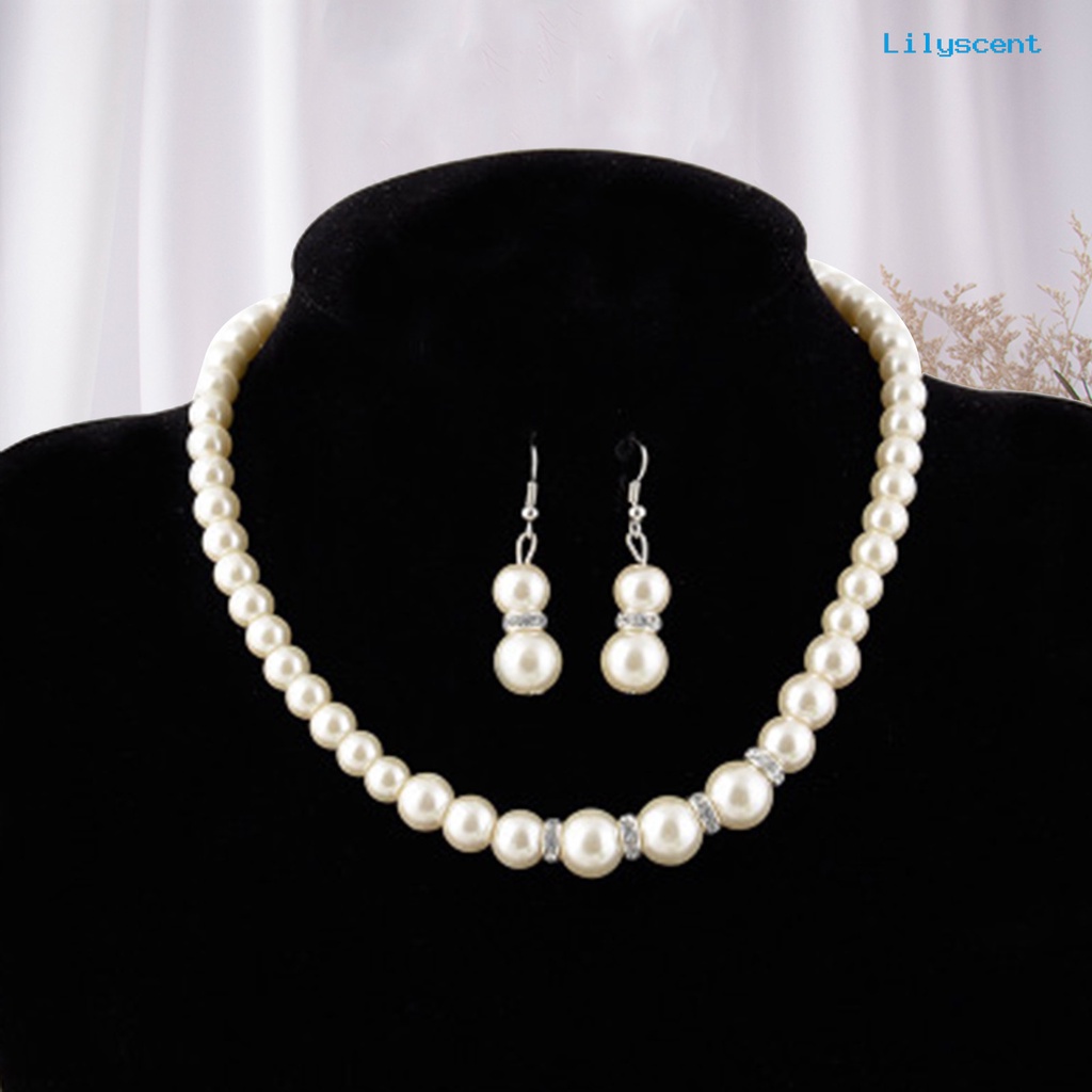 [LS]1 Set Perhiasan Pernikahan Set Indah Bertatahkan Artistik Mutiara Imitasi Kalung Anting Gelang Untuk Perjamuan