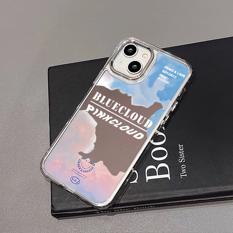 IPHONE Casing Ponsel Cermin Awan Biru Pink Kompatibel Untuk Iphone11 12 13 14 12Pro 13Pro 14Pro Pro Max XR X XS Max Electroplating Tombol Perlindungan Mirror Cover