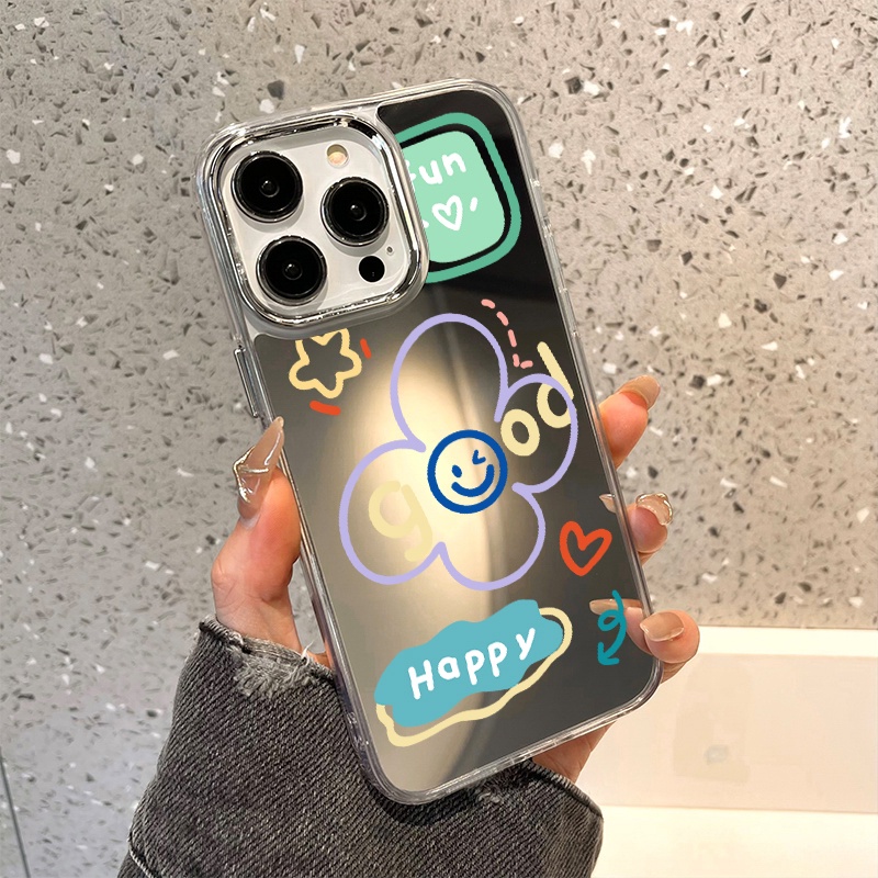 IPHONE Casing Ponsel Cermin Graffiti Kompatibel Untuk Iphone11 12 13 14 12Pro 13Pro 14Pro Pro Max XR X XS Max Electroplating Tombol Perlindungan Mirror Cover