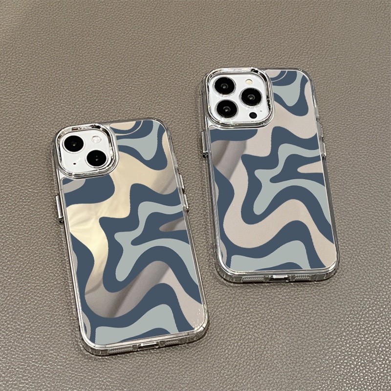 IPHONE Art Grey Blue Painting Mirror Phone Case Kompatibel Untuk Iphone11 12 13 14 12Pro 13Pro 14Pro Pro Max XR X XS Max Electroplating Tombol Perlindungan Mirror Cover