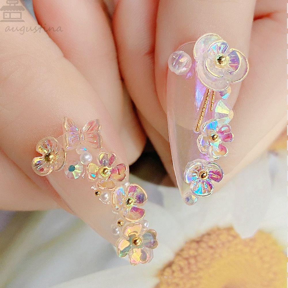 AUGUSTINA Agustin 3D Nail Art Dekorasi Set Aurora Warna-Warni DIY Kristal Manikur Aksesoris Mutiara Manik-Manik Bunga Pesona Kuku