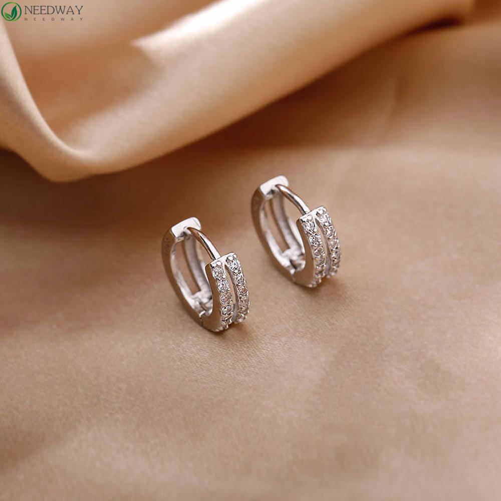 NEEDWAY Needway Anting Hoop Fashion Perhiasan Temperamen Wanita Geometris Berlian Imitasi Tembaga Square