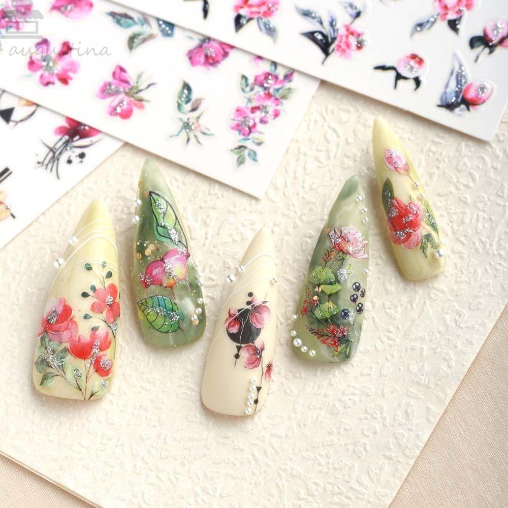 AUGUSTINA Agustina Bunga Stiker Kuku Fashion Ins Gaya Musim Semi Bunga DIY Nail Art Manicure Aksesoris Perekat Diri Nail Art Dekorasi