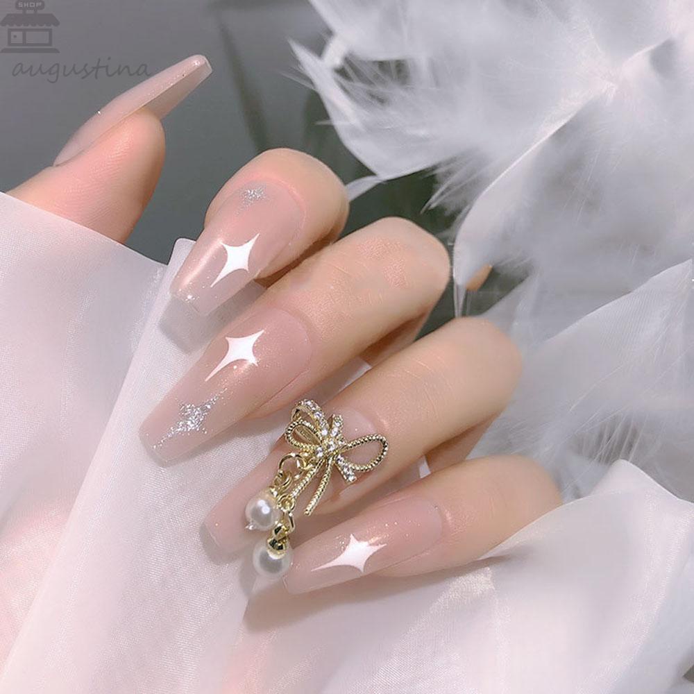 AUGUSTINA Agustina Kupu-Kupu Kuku Berlian Imitasi Mewah Manikur Aksesoris Alloy Rantai Mutiara Liontin 3D Hiasan Kuku